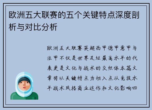 欧洲五大联赛的五个关键特点深度剖析与对比分析
